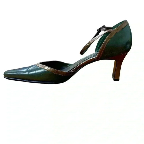 Vintage Pierre Michel Delicate Olive Green w Bronze Trim, Ankle  Strap Heels - Picture 1 of 13